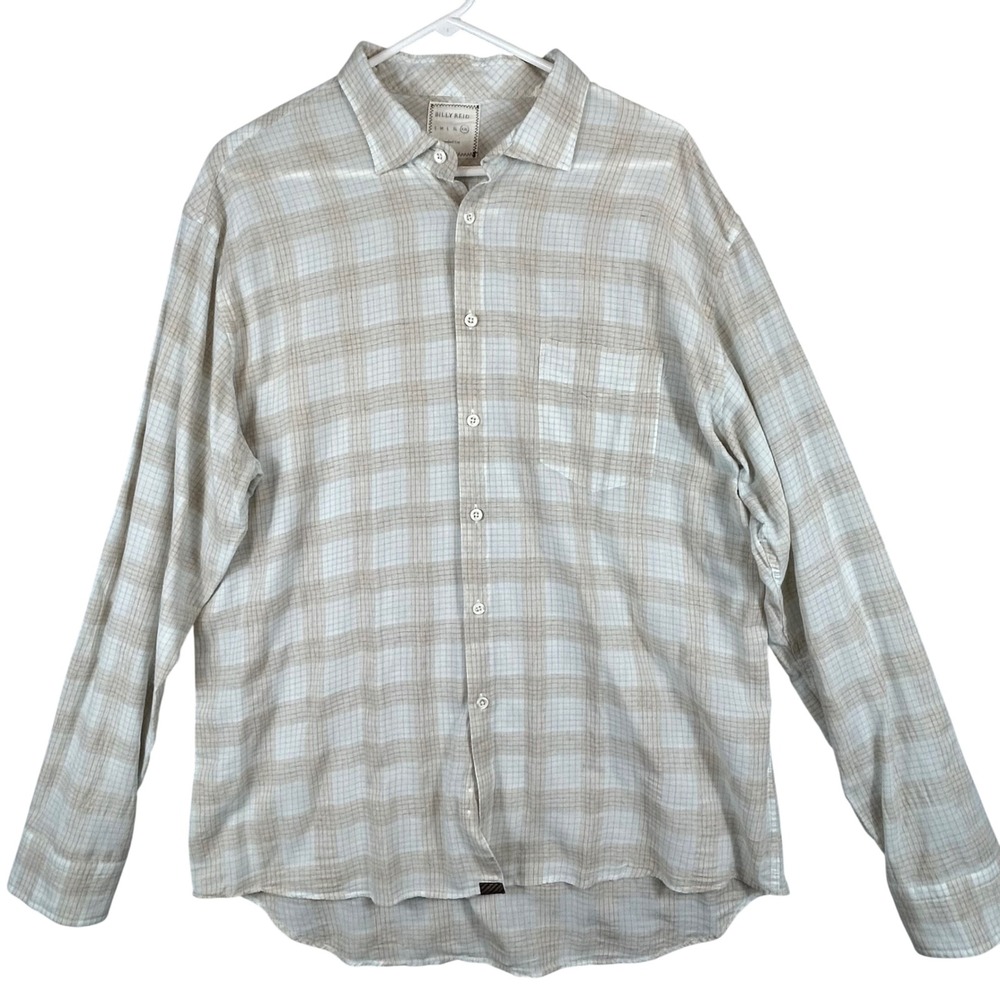 Billy Reid Mens XXL Plaid Button Down Shirt Beige Blue Cotton Linen Standard Cut